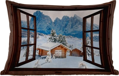 Buitenkussens - Tuin - Doorkijk - Winter - Landschap - Huisje - Bergen - 50x30 cm