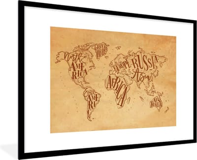 Poster in lijst - Fotolijst 90x60 cm - Posters - Wereldkaart - Retro - Bruin - Posterlijst zwart - Decoratie - Wanddecoratie woonkamer - Muurdecoratie slaapkamer