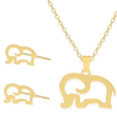 Cadeau Ketting & Oorbellen set met Olifant - Roestvrij Staal - Goudkleurig - Cadeau Sieraad op Kaartje - Pax Amare