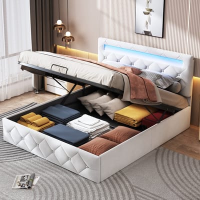 Tweepersoonsbed 140x200cm – Gasveer Opbergbed met LED Hoofdbord en Kleurrijke Verlichting – Verstelbare Hoofdbordhoogte, Fluweel