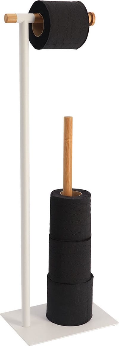 Toiletrolhouder en reserverolhouder - vrijstaand - wit - metaal/bamboe - 70 cm