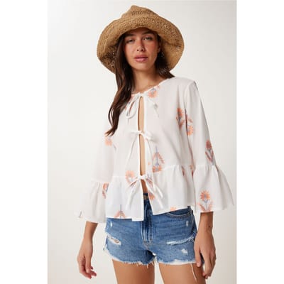 Rimpelige Crewneck Lange Mouw Bloemenblouse