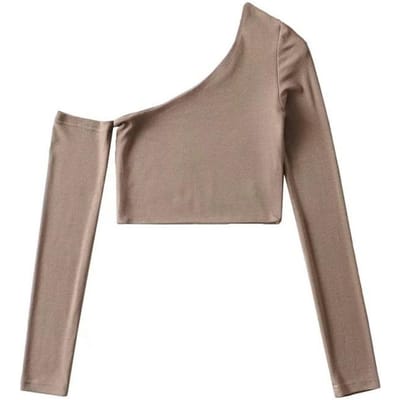 Europese en Amerikaanse Mode Sexy Zorgvuldig Machineontwerp Korte Diagonale Schouder Lange Mouw T-shirt Dames Onregelmatige Top Kan Gelabeld Worden XL kaki