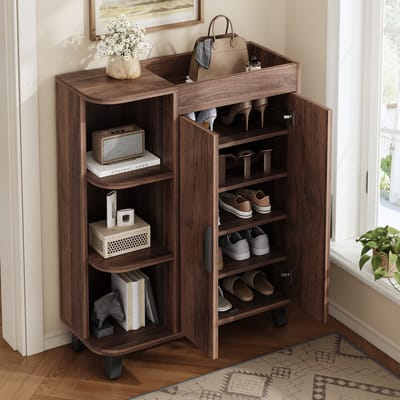 Smalle schoenenkast 80x32x99 cm - halkast met open vakken en dubbele deuren - ruimtebesparende opbergkast - walnootlook