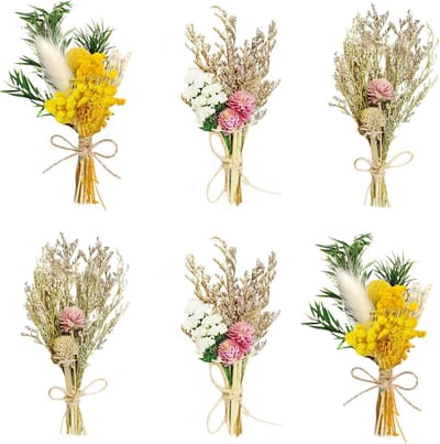 Droogbloemen boeket - Mini boeket - Woondecoratie - Natuurlijk materiaal - Set van 6 - Paars Grijs Tan