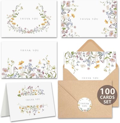 Set van 100 Bloemen Bedankkaarten met Bijpassende Enveloppen 10x15 cm