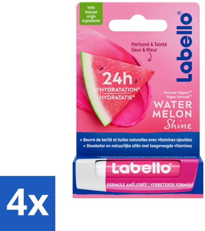 Labello - Watermelon Shine - Lippenbalsem - Hydraterend & Glanzend - 5.5 ml - Voordeelverpakking - 4 stuks