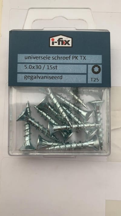 Hout schroef. 5.0 x 30mm. lang. Platkop-Torx-T-30. Verzinkt. 15 stuks universele spaanplaat schroeven. Ifix.