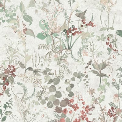 Bloemen behang Profhome 388252-GU vliesbehang hardvinyl warmdruk in reliëf gestructureerd met bloemmotief mat wit rood olijfgroen beige 5,33 m2