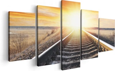 Artaza Canvas Schilderij Vijfluik Rails Spoorweg Bij Zonsondergang - 100x50 - Foto Op Canvas - Canvas Print