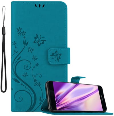 Cadorabo Hoesje geschikt voor Huawei P9 in BLOEMEN BLAUW - Beschermhoes in bloemmotief met magnetische sluiting, standfunctie en kaartsleuven Book Case Cover Etui