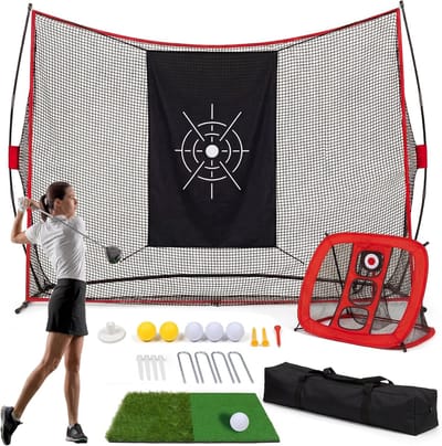 Golfnet 304×213×91cm Rood, Complete Set met IJzeren Buis en Polyester Net, Slagtrainingsnet voor Tuin, Binnen en Buiten