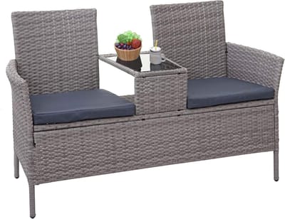 Tuinbank met Tafeltje van Polyratten Vlechtwerk, Grijs, 132 cm