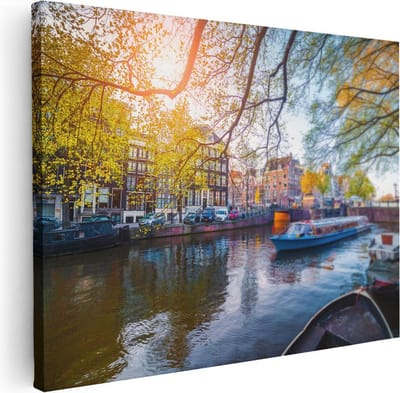 Artaza Canvas Schilderij Amsterdamse Grachten - 80x60 cm - Wanddecoratie Amsterdam - Muurdecoratie Herfst - Schilderijen Op Canvas