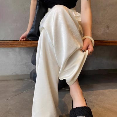 Pantalon d'été décontracté taille haute pour femme, en soie glacée, longueur cheville, pantalon long, pantalon large S beige