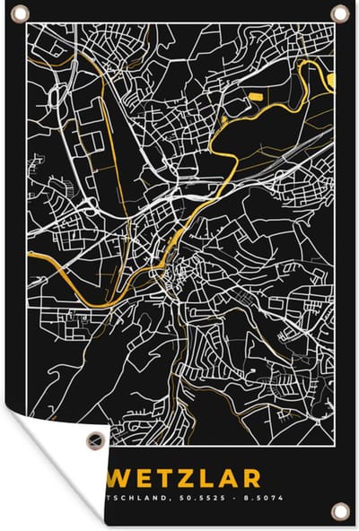 Muurdecoratie Wetzlar - Goud - Stadskaart - Kaart - Duitsland - Black and Gold - Plattegrond - 120x180 cm - Tuinposter - Tuindoek