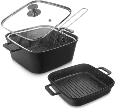 Kookpan Graniet met Glazen Deksel met Grillpan en Mandje GRANDE 2+4 l 4 delig - Kookpot - Soeppan