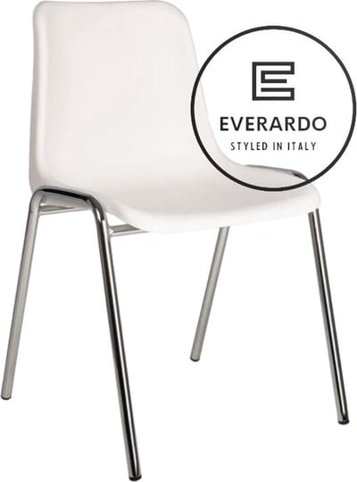King of Chairs model KoC Everardo wit met verchroomd onderstel. Kantinestoel stapelstoel kuipstoel vergaderstoel tuinstoel kantine stoel stapel kantinestoelen stapelstoelen kuipstoelen stapelbare keukenstoel Helene eetkamerstoel