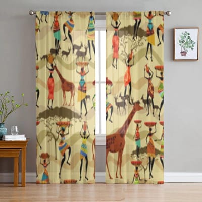 Naadloze Textuur Met Afrikaanse Vrouwen Chiffon Transparante Gordijnen voor Woonkamer Slaapkamer Decoratie Raam Voiles Tule Gordijn 135W x 114H(cm) beige