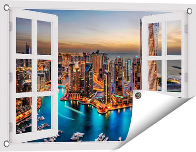 Gards Tuinposter Doorkijk Dubai Haven met de Stad - 60x40 cm - Tuindoek - Tuindecoratie - Wanddecoratie buiten - Tuinschilderij