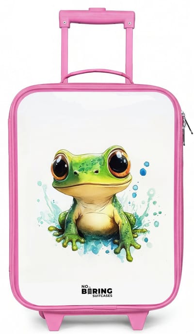 NoBoringSuitcases.com® - Kinderkoffer roze - Kindertrolley meisje - Groene kikker met grote ogen op witte achtergrond - Koffer kind lichtgewicht - Reiskoffer trolley voor kinderen - Koffertje met lichtgevende wieltjes - Rolkoffer