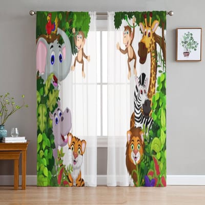 Jungle Dieren Tijger Olifant Zebra Transparante Gordijnen Voor Woonkamer Slaapkamer Tule Gordijnen Keuken Raambekleding Paneel Draperieën 135W x 114H(cm) black