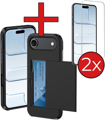 Hoesje Geschikt voor iPhone Air Hoesje Met Pasjeshouder Hard Case Met Kaarthouder Met 2x Screenprotector - Hoes Geschikt voor iPhone Air Hoesje Pashouder Case - Zwart