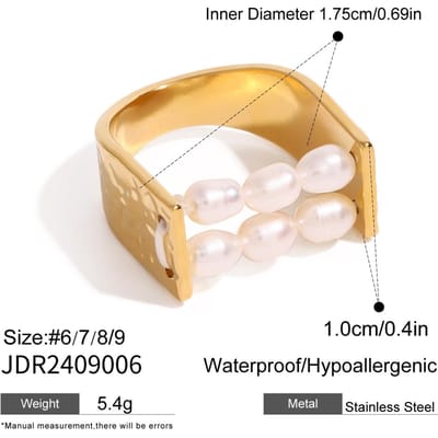 Bague Youthway Double Couche Perle d'Eau Douce Acier Inoxydable Pour Unisexe Couleur Or Bijoux de Luxe Quotidien Cadeau d'Accompagnement 7 beige