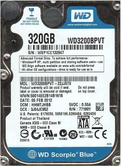 Interne Harde Schijf 320GB 5400 RPM SATA 2.5 inch voor Laptop