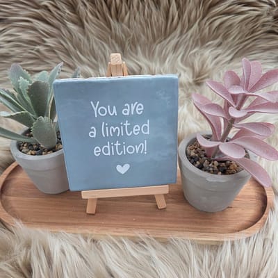 Robuust Wenstegeltje – You Are a Limited Edition – Speels – Hip trendy tegeltje – 10x10 cm – Uniek Cadeau voor Vriendin, Juf, Tante, Zus of Collega – Stijlvolle Woondecoratie met Boodschap – Trendy nu – Decoratief Tegeltje met Standaard – Cadeau Idee