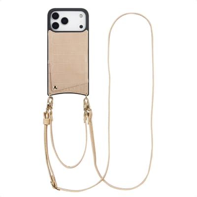 Selencia Hoesje - Geschikt voor Apple iPhone 18 Pro / 17 Pro - Croco Backcover met koord en pashouder - Beige