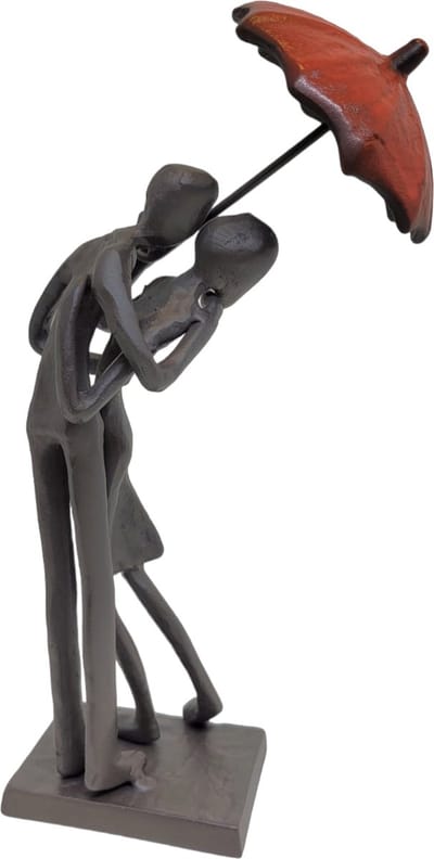 Sculptuur BANKSY style under my umbrella - jou liefde gevonden onder mijn paraplu - 7x10x21 cm metaal donker bruin /rood