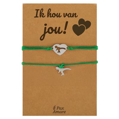Vriendschapsarmbandjes voor 2 "Ik Hou van Jou" - Dinosaurus - Koppel Armbandjes met Lief Cadeau Kaartje - Zilverkleurig & Groen - Elastisch Verstelbaar - Pax Amare