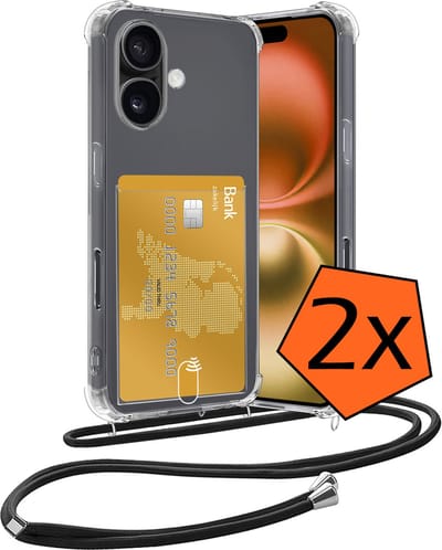 Hoesje Geschikt voor iPhone 16 Hoesje Met Telefoonketting Pasjeshouder Shockproof Case Koord - Hoesje Geschikt voor iPhone 16 Hoes Met Kaarthouder - Transparant - 2 PACK