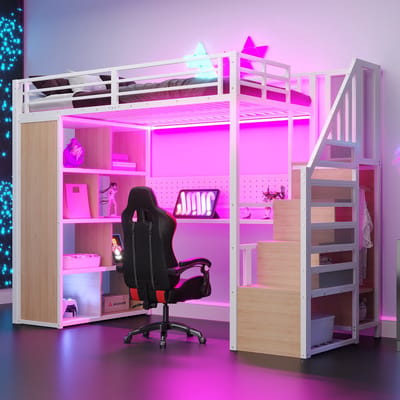 MODFU Hoogslaper 90x200 cm van metaal en hout – met bureau, opbergruimte en LED – wit – slimme kamerindeling