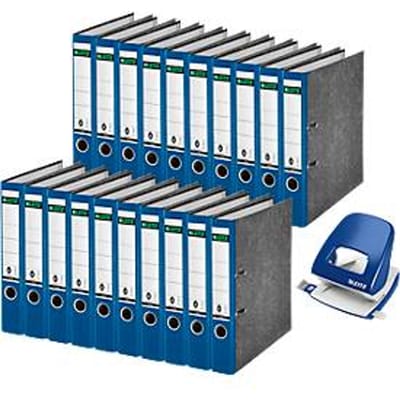 Leitz 1050 map, rugbreedte 52 mm, 20 stuks + Leitz 5008 perforator, 3 mm/30 vel, blauw