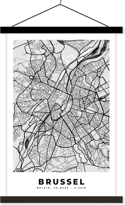 Posterhanger incl. Poster 40x60 cm - Schoolplaat - België – Brussel – Stadskaart – Kaart – Zwart Wit – Plattegrond - Textielposter - Zwarte latten - Stadskaart