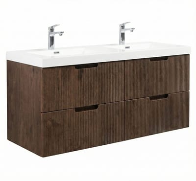 Badplaats Badkamermeubel Set Thermis 140cm – Walnoot Bruin – Badmeubel met Dubbele Wastafel