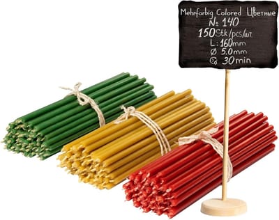 Candala bijenwaskaarsen, 150 stuks, hoogwaardige rituele kaarsen, L-16 cm Ø-5,0 mm, 30 minuten brandduur in geel, rood, groen, 450 g dunne kaarsen, druppel- en rookvrij