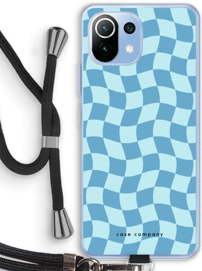 Case Company® - Hoesje met koord geschikt voor Xiaomi Mi 11 Lite hoesje met Koord - Grid Blauw - Telefoonhoesje met Zwart Koord - Bescherming aan alle Kanten en Over de Schermrand