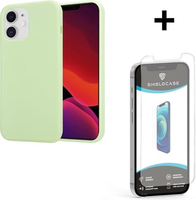 ShieldCase Silicone case geschikt voor Apple iPhone 12 Mini - 5.4 inch - optimale bescherming - siliconen hoesje - backcover - lichtgroen + glazen Screen Protector