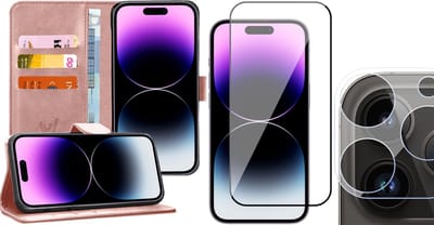 Hoesje geschikt voor iPhone 14 Pro - Book Case Kunstleer Wallet Cover Portemonnee Pasjeshouder Hoes Roségoud - Full Tempered Glass Screenprotector - Camera Lens Protector