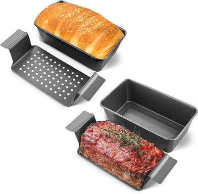 Gehaktbroodpan met Afvoerbak - Broodvorm Vleesbrood - Gezonder Bakken - Perforatie voor Vetafvoer - 20 x 13.5 cm - Grijs