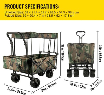 Tuinkar – Opvouwbare - met Dak - Boodschappen - Transport - Wagen - Strand - Bolder - All-Terrain Wielen - Zonbescherming - Heavy-duty - Draagbare - 100kg - Camouflage