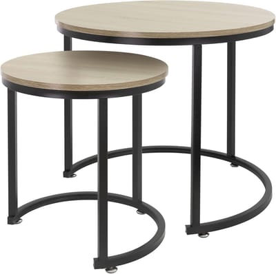 Set van 2 Stapelbare Ronde Koffietafels met Eikenlook Tafelblad en Zwart Metalen Frame