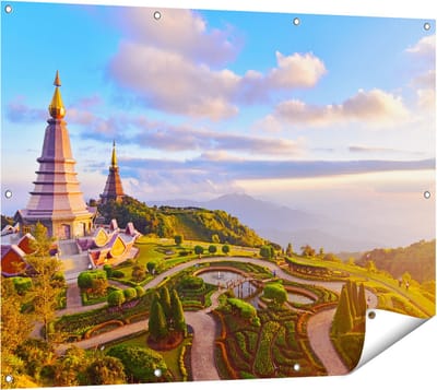 Gards Tuinposter Pagode Tempels in de Inthanon Berg in Thailand - 120x90 cm - Tuindoek - Tuindecoratie - Wanddecoratie buiten - Tuinschilderij