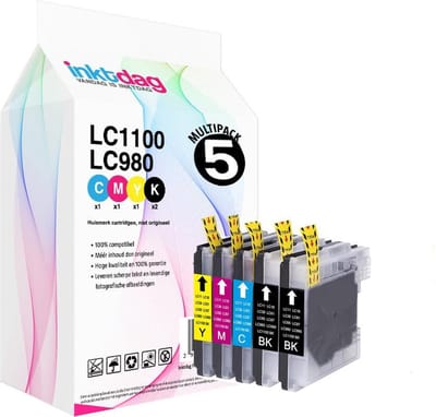 Inktdag inktcartridges voor Brother LC1100 /LC980 inktcartridges/LC985 inktcartridges multipack van 5 stuks (2*zwart, 1*CMY) geschikt voor printers Brother DCP-185 C , DCP-385 C , DCP-395 CN , DCP535 CN , DCP585 CW, DCP-6690 CW, DCP-J615