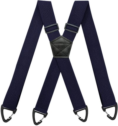 Deze herenbretels hebben een X-vormig ontwerp met vier haken en een verstelbare elastische tailleband. Marineblauw.