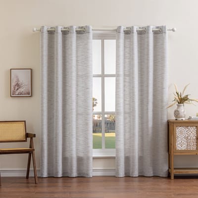 Floraweg Semi-transparante gordijnen Poly linnen gestructureerde lange slub Effen gordijnen met zeilringen voor openslaande deuren, gebroken wit,roedezakken,132x160cm