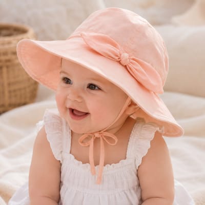 Zalmroze Zonnehoedje Baby Meisje met Strik – Katoenen UV Zomerhoed – Baby & Dreumes Hoedje Maat 48 (6-18 Maanden)